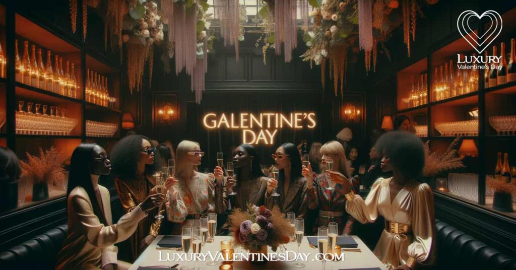Diverse women celebrating Galentine's Day in an upscale venue with champagne | Luxury Valentine's