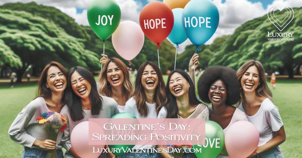 "Diverse group of women holding balloons with positive words in a park. | Luxury Valentine's