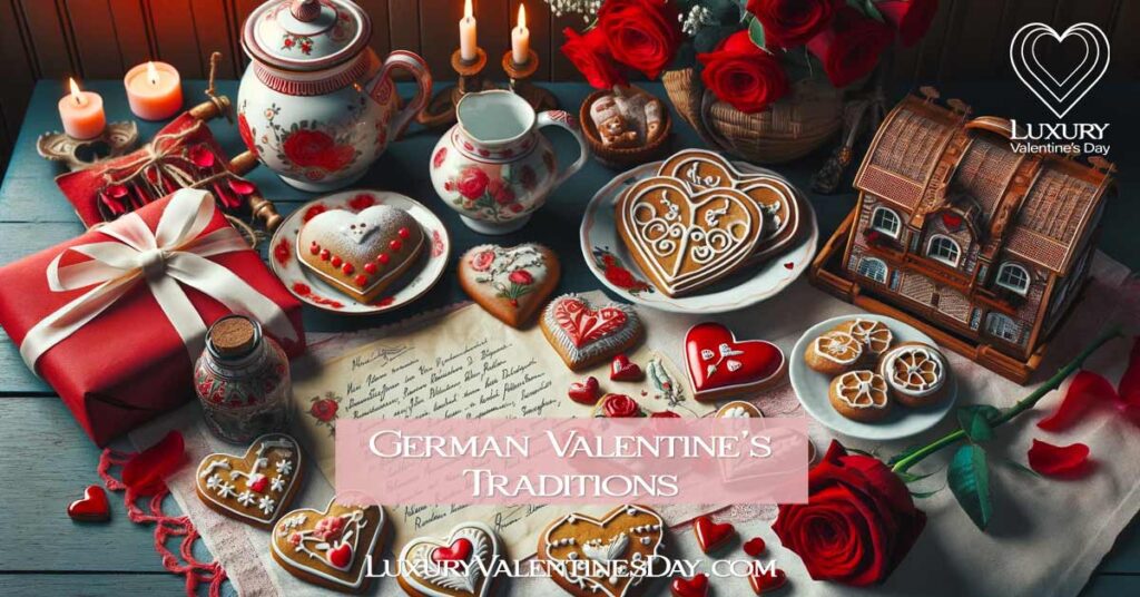 Traditional German Valentine's Day gifts with love notes, gingerbread cookies, and roses. | Luxury Valentine's Day