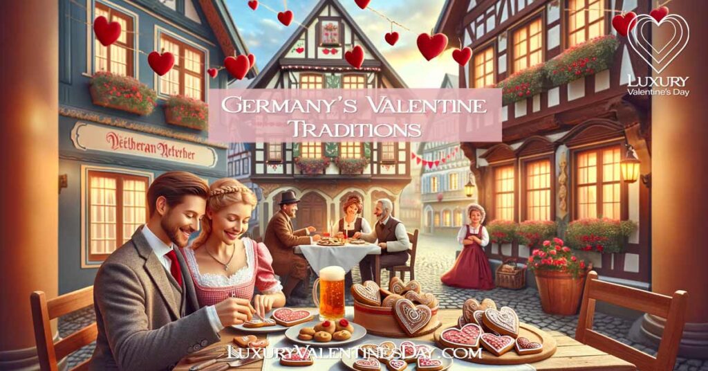 Couples exchanging love notes and gingerbread cookies in German Valentine's setting. | Luxury Valentine's Day
