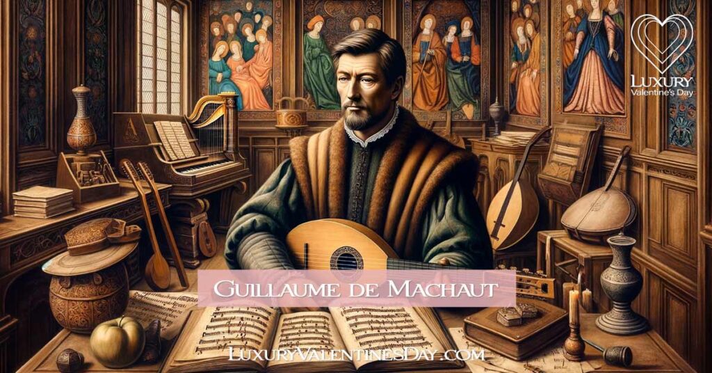 Portrait of Guillaume de Machaut in a medieval music room. | Luxury Valentine's Day