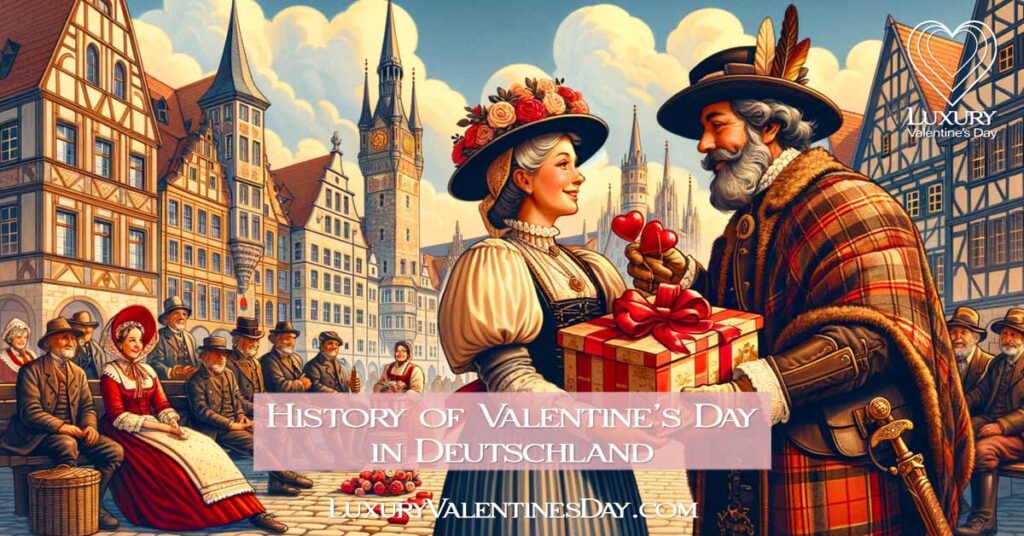 Historical figures in German attire exchanging Valentine's gifts. | Luxury Valentine's Day