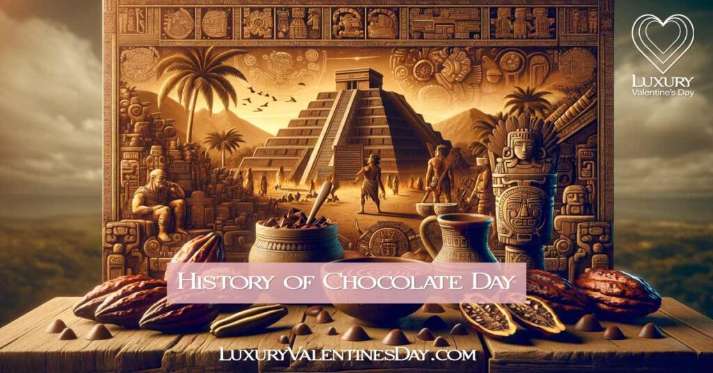 Cocoa pods and traditional chocolate drink in an ancient Mesoamerican setting. | Luxury Valentine's Day