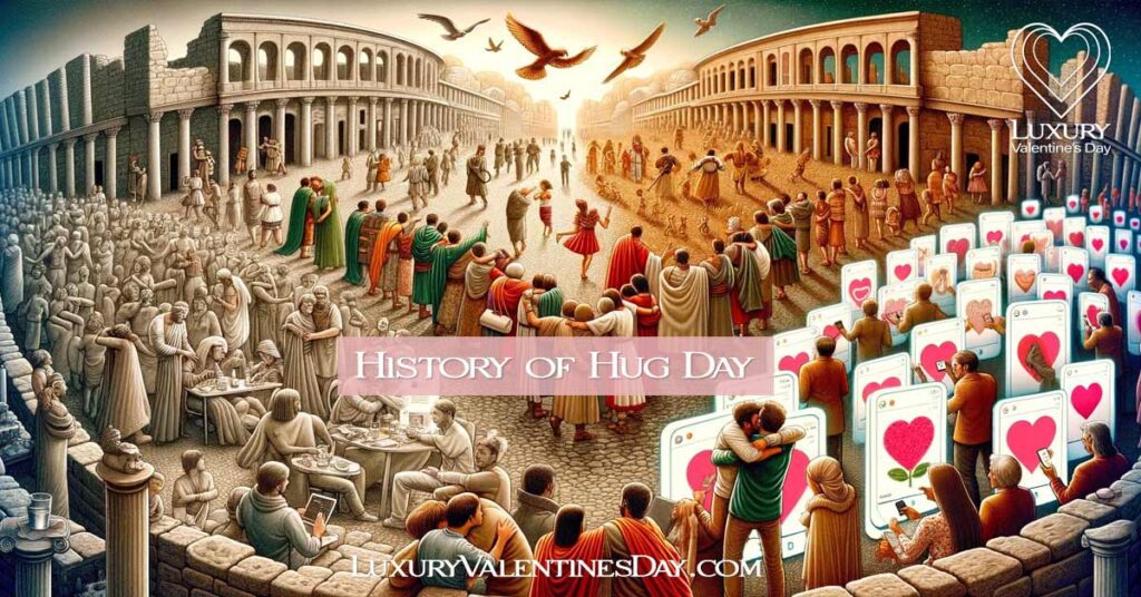 Artistic depiction of Hug Day's evolution from Roman festivals to modern digital celebrations. | Luxury Valentine's Day
