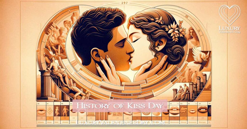 Elegant depiction of the evolution of Kiss Day, showcasing ancient artwork transitioning into modern celebration, with a timeline in the background, in warm classic and contemporary tones. | Luxury Valentine's Day