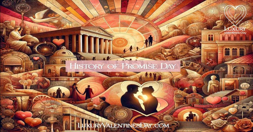 A visual tapestry showing the evolution of Promise Day, featuring Roman architecture, a silhouette of St. Valentine, and contemporary couples making promises, symbolizing love and commitment through ages. | Luxury Valentine's Day