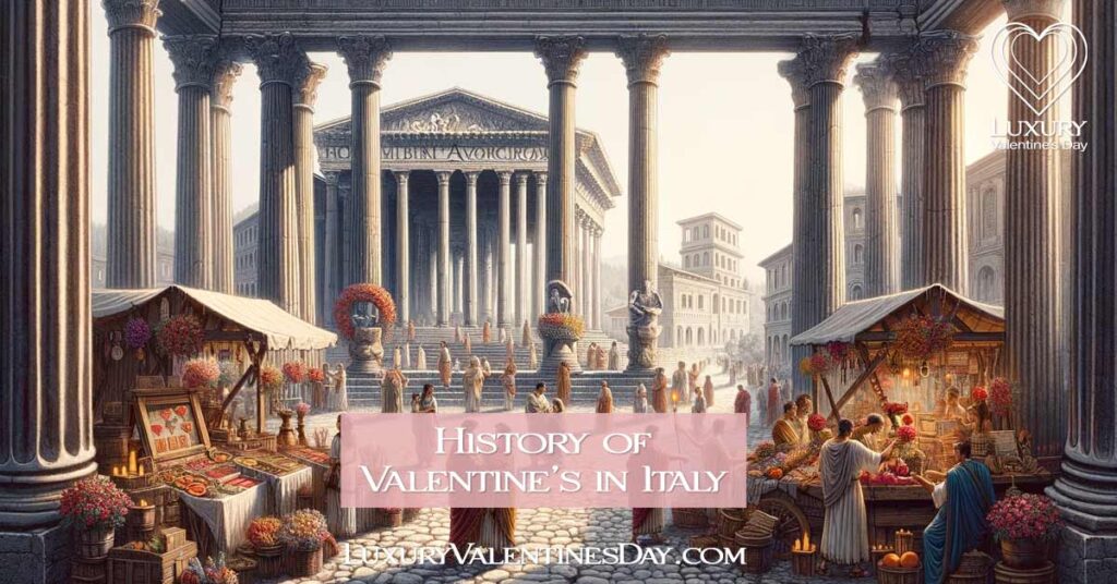 Ancient Roman marketplace during Lupercalia festival with people in traditional attire and market stalls. | Luxury Valentine's Day