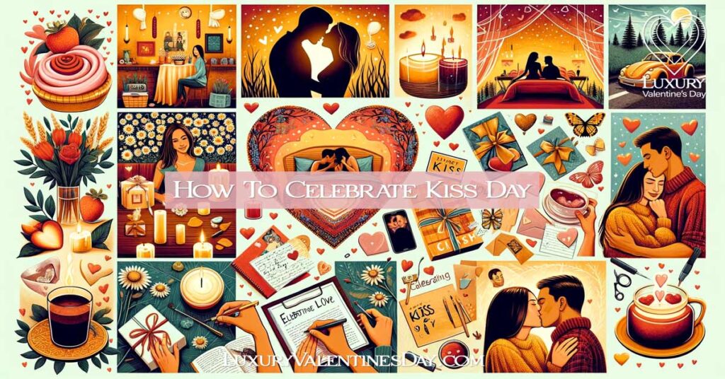 Vibrant collage showcasing ways to celebrate Kiss Day - romantic getaway, spa day, cozy home ambiance, first kiss reenactment, kiss-themed gifts, romantic films marathon, love letters, romantic photoshoot, self-love celebration, and reflecting on the meaning of a kiss. | Luxury Valentine's Day