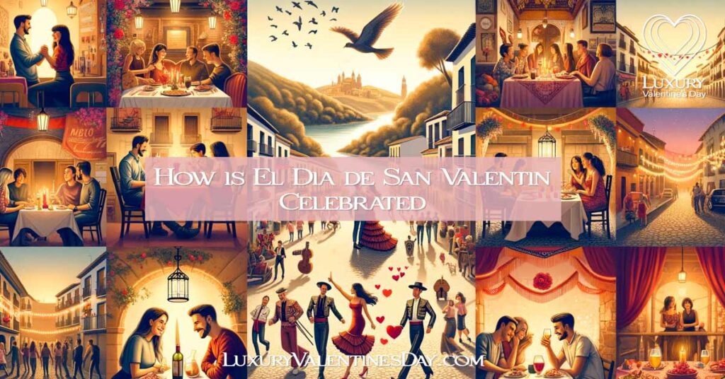 Vibrant Spanish celebration of El Día de San Valentín with diverse couples, a cozy dining setup, public displays of love, cultural entertainment, and group festivities. | Luxury Valentine's Day