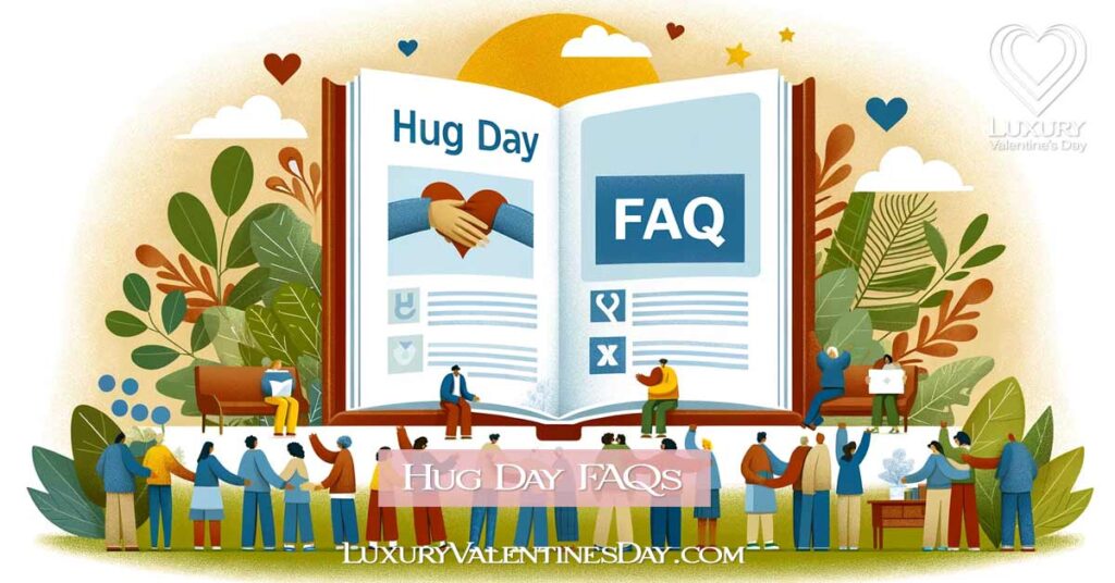 Informative scene with a book of Hug Day FAQs surrounded by diverse people hugging, symbolizing community and knowledge sharing. | Luxury Valentine's Day