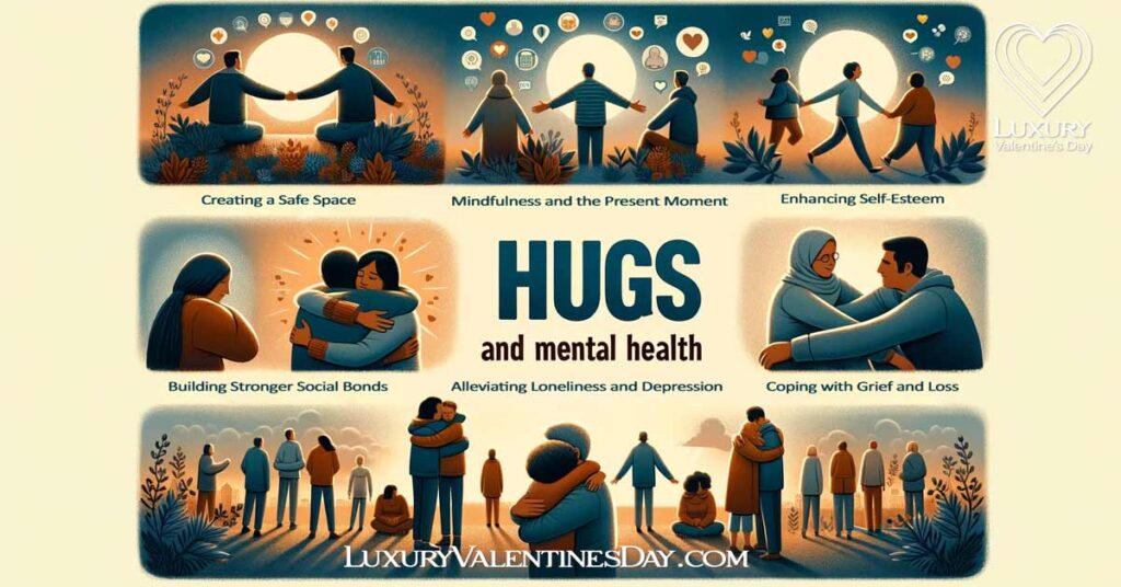 Heartwarming depiction of people in comforting hugs, illustrating mental health benefits like mindfulness and alleviating depression. | Luxury Valentine's Day