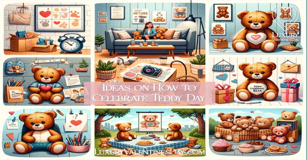 Collage of 7 Creative Ideas for Teddy Day: Personalized Teddy, Scavenger Hunt, Teddy Bear Picnic, DIY Teddy Making, Movie Night, Charitable Acts, and Digital Celebrations. | Luxury Valentine's Day