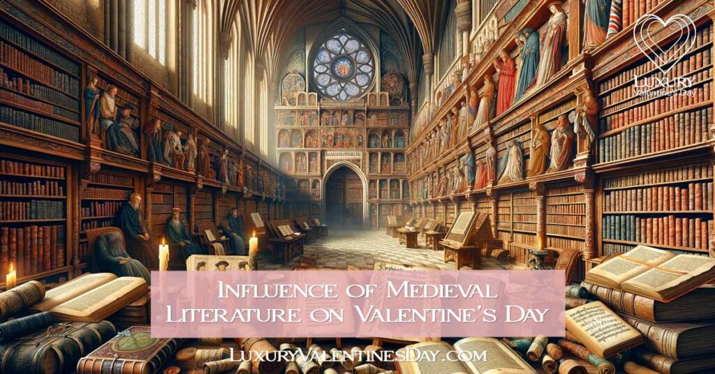 Medieval library with literary works influencing Valentine's Day. | Luxury Valentine's Day