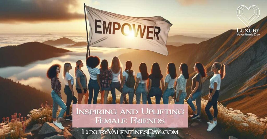Diverse group of women on mountain peak with 'Empower' flag. | Luxury Valentine's