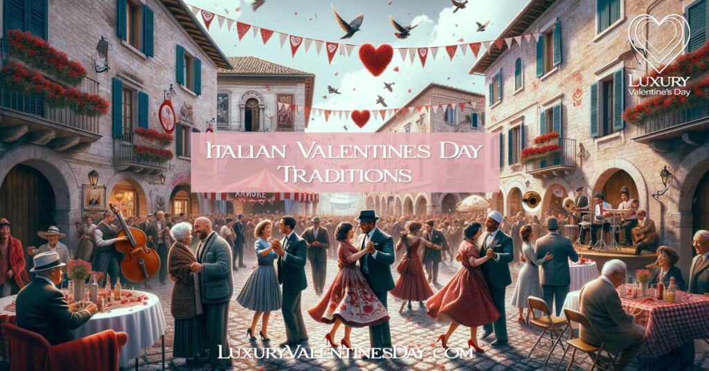 Street festival in Italy celebrating Valentine's Day with music, dance, and traditional architecture. | Luxury Valentine's Day
