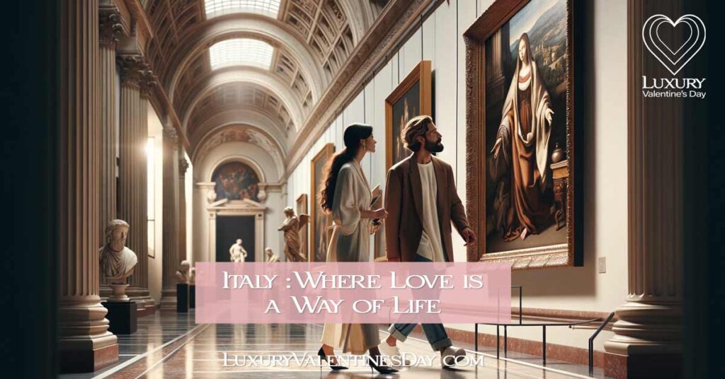 South Asian man and Caucasian woman in conversation, admiring art in a sunlit Italian gallery. | Luxury Valentine's Day