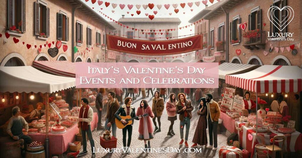 Festive Italian street festival for Valentine's Day with stalls, a dancing crowd, and traditional decorations. | Luxury Valentine's Day