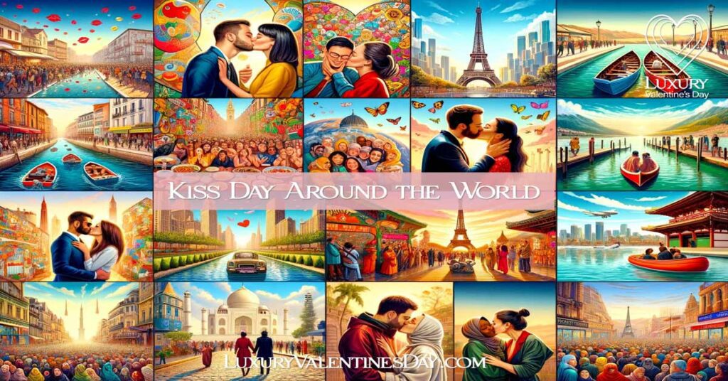 Cultural collage of Kiss Day celebrations around the world, featuring diverse couples sharing kisses in Paris near the Eiffel Tower, Venice by the canals, a Moroccan market, a park in Japan, New York City skyline, and a Brazilian beach, highlighting the global expression of love. | Luxury Valentine's Day