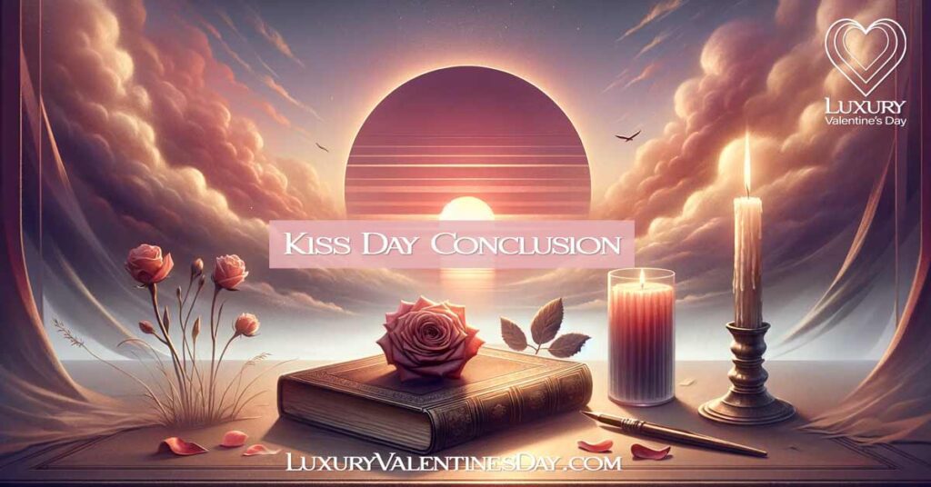 Reflective image for 'Kiss Day Final Thoughts', with a fading sunset, a closed book topped with a rose, a dim candle, in a background of dusky pinks and purples, evoking warmth, love, and contemplation. | Luxury Valentine's Day