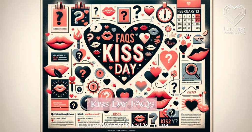 Creative and engaging visual representation of Kiss Day FAQs, with symbolic elements like question marks, hearts, different kiss representations, a marked calendar, and romantic decorations, in a colorful and informative layout. | Luxury Valentine's Day