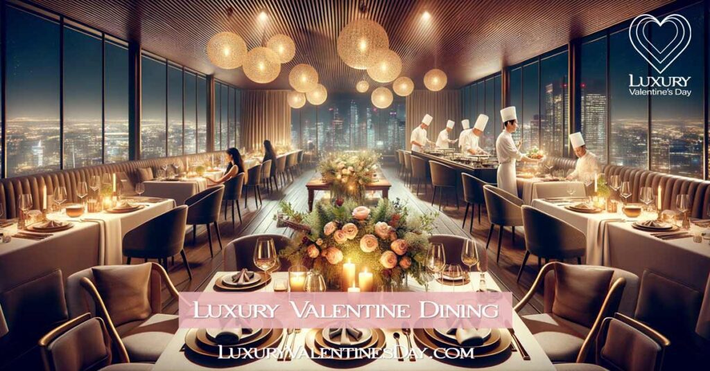 Elegant Valentine's Day dining in a luxurious restaurant with a panoramic city view, featuring professional chefs in an open kitchen. | Luxury Valentine's Day