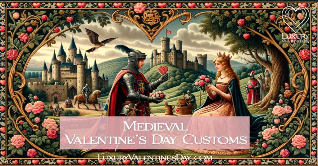 Medieval couple in romantic garden with castle background. | Luxury Valentine's Day