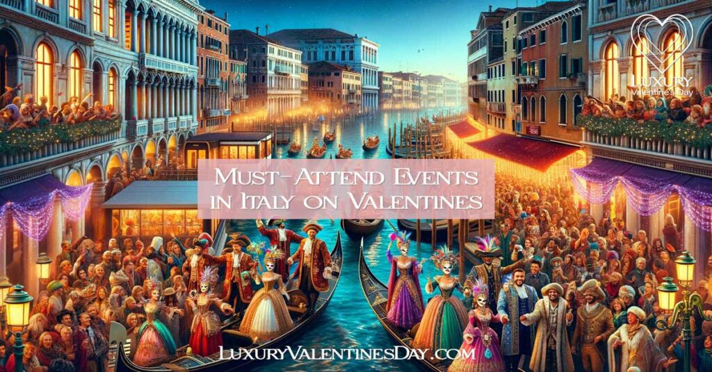 Venice Carnival on the Grand Canal with people in traditional costumes and decorated gondolas. | Luxury Valentine's Day