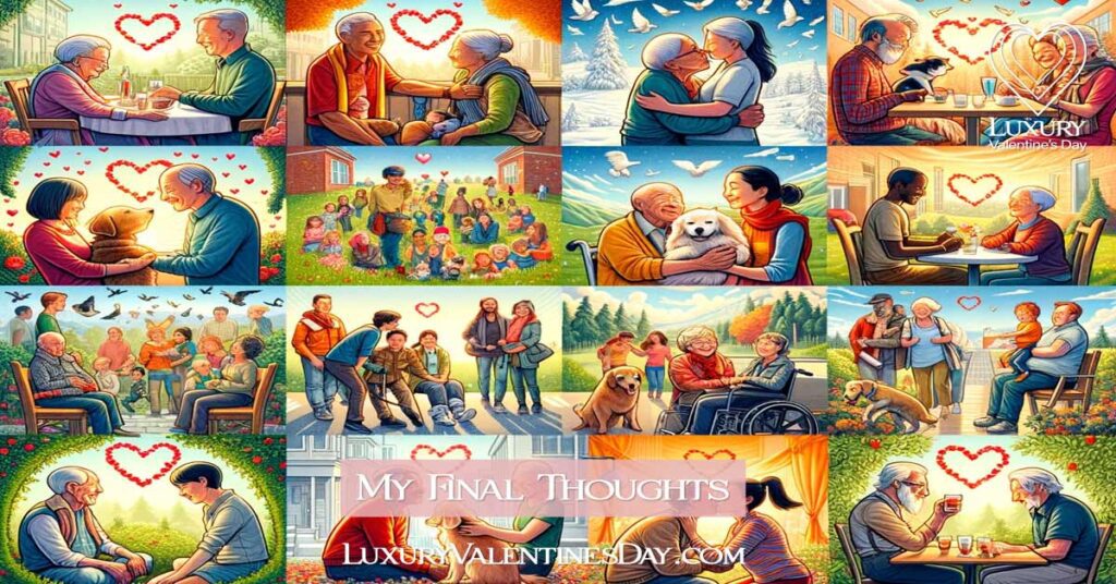 Heartwarming depiction of varied expressions of love among diverse groups, including families, friends, and pet owners. | Luxury Valentine's Day