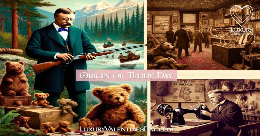 Historical depiction of Teddy Day origins featuring President Theodore Roosevelt, Morris Michtom, and Richard Steiff. | Luxury Valentine's Day