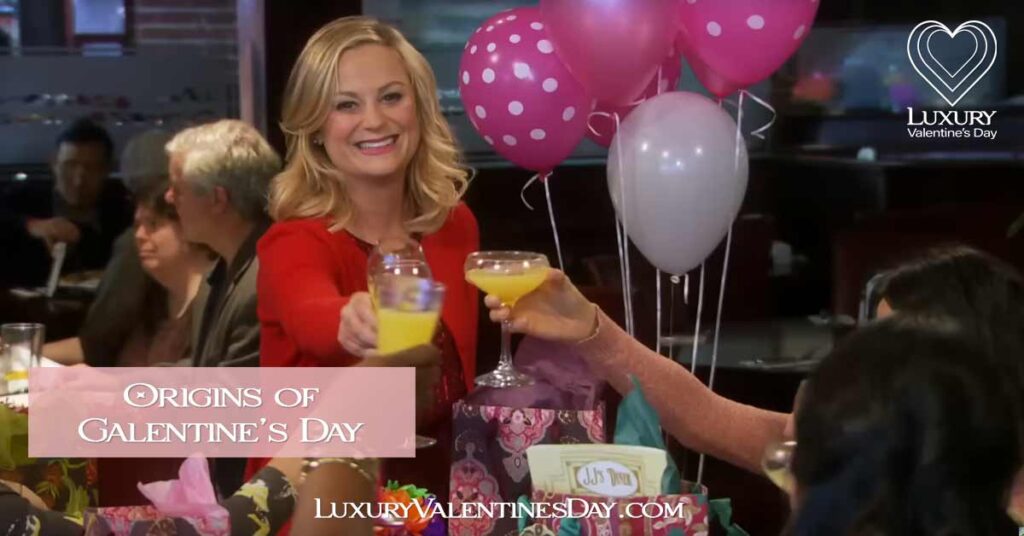 A scene from "Parks and Recreation," where the character Leslie Knope celebrates Galentine's Day with her girl friends. | Luxury Valentine's