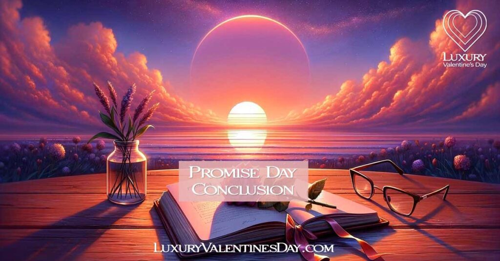 An image capturing the peaceful end of Promise Day, with a twilight backdrop, a closed diary, and a rose, conveying a sense of reflection and fulfillment. | Luxury Valentine's Day