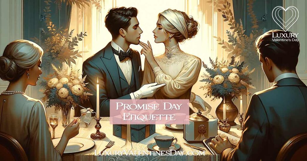 An image depicting a couple in a warm embrace, showcasing a respectful gesture and meaningful conversation, set against a backdrop of soft hues, reflecting the essence of etiquette on Promise Day. | Luxury Valentine's Day