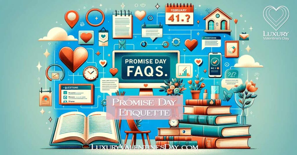 An engaging image depicting a learning environment with books, a laptop displaying questions about Promise Day, and symbolic elements like a calendar marked February 11, in vibrant blue, green, and red hues. | Luxury Valentine's Day