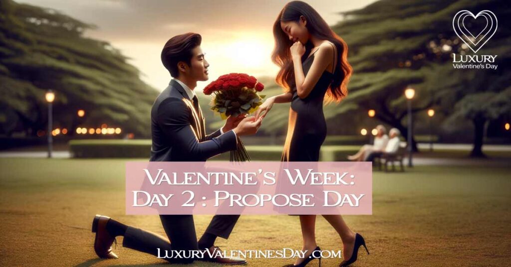 A man of Asian descent proposing to his girlfriend of African descent in a secluded park at sunset, with no other people in the background. | Luxury Valentine's Day