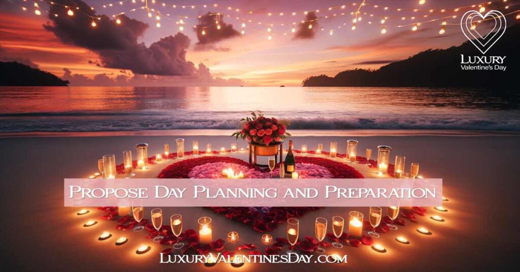 Sunset proposal setting with rose petals, candles, and fairy lights on a beach. | Luxury Valentine's Day