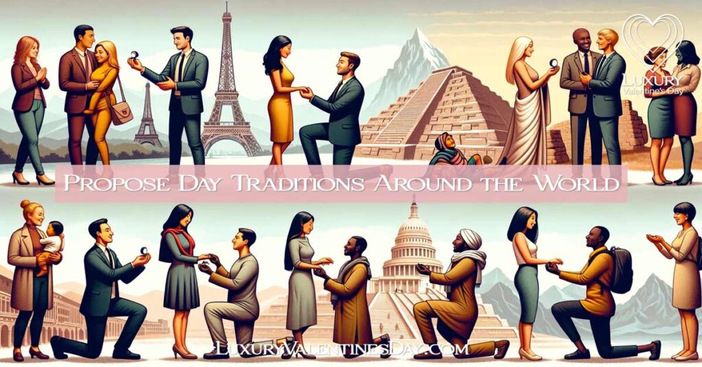 Diverse couples proposing at iconic world landmarks, no flags present. | Luxury Valentine's Day