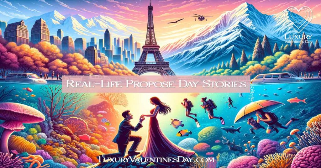 An artistic representation of global Propose Day celebrations featuring the Eiffel Tower, an underwater proposal, and a mountaintop engagement. | Luxury Valentine's Day