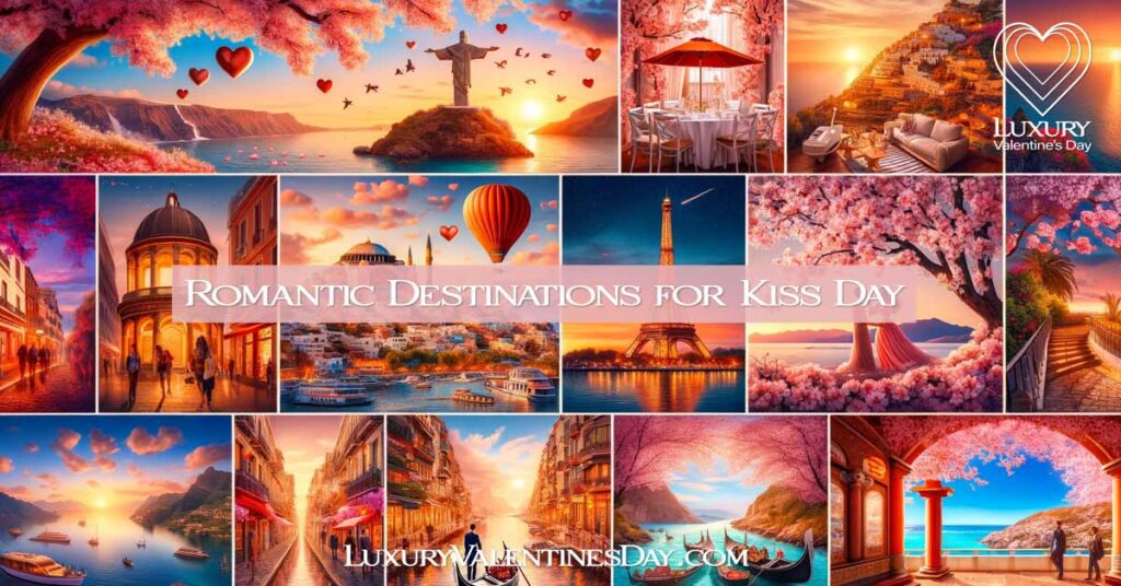 Collage of romantic destinations for Kiss Day, featuring Santorini's sunset, the Eiffel Tower in Paris, Venetian gondolas, cherry blossoms in Kyoto, serene Maldives beaches, and Buenos Aires' vibrant streets. | Luxury Valentine's Day