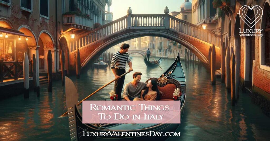 Romantic gondola ride in Venice with a Hispanic man and a Caucasian woman enjoying the scenic canal. | Luxury Valentine's Day
