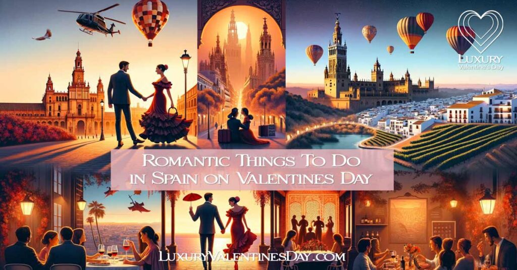 Romantic Valentine's Day in Spain with a couple strolling in Seville, walking on Costa Brava beach at sunset, enjoying a flamenco show, wine tasting in La Rioja, and a hot air balloon ride over Catalonia. | Luxury Valentine's Day