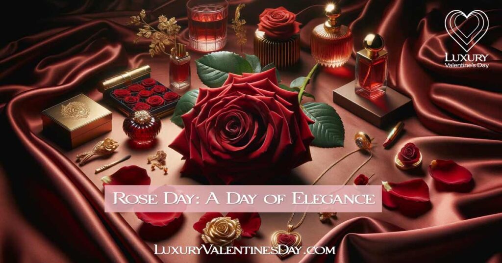 Elegant Rose Day composition with a red rose, gold accents, and luxury perfume on red silk. | Luxury Valentine's Day