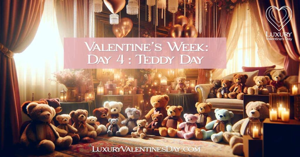 Luxurious and enchanting scene with high-end teddy bears in a cozy, elegant room, symbolizing Teddy Day in Valentine's Week. | Luxury Valentine's Day