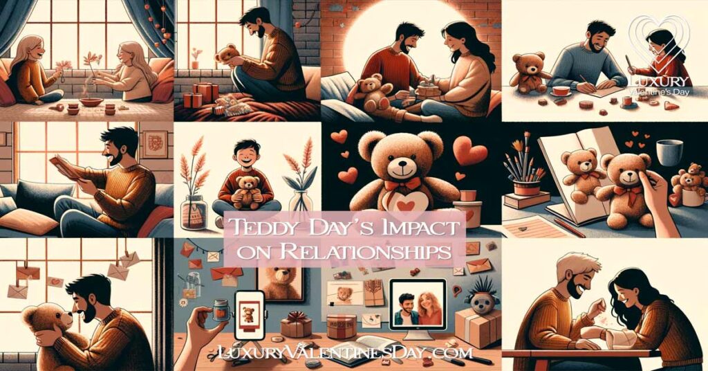 Collage depicting the impact of Teddy Day on relationships, showcasing emotional bonding, long-distance connection, shared joy, creativity, kindness, and reconciliation. | Luxury Valentine's Day