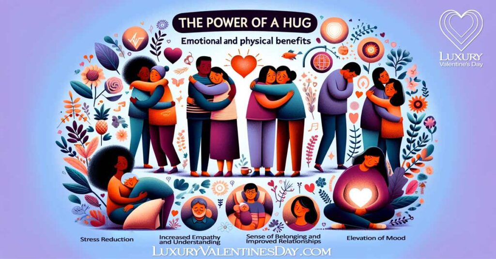 Illustration of diverse people hugging with symbols for stress reduction, heart health, and improved sleep. | Luxury Valentine's Day
