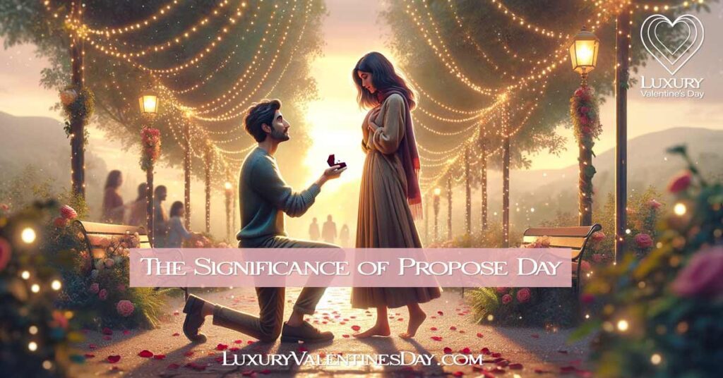 A person of Middle Eastern descent proposing to a person of Hispanic descent in a romantically lit park with fairy lights and rose petals. | Luxury Valentine's Day