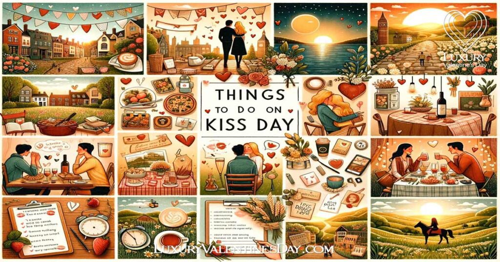 Collage of Kiss Day activities including cooking together, backyard picnic, cozy movie night, city walk, photo booth moments, cafe dining, dance class, sunrise or sunset viewing, winery exploration, stargazing, horseback riding, writing messages, love-themed playlist, and cherishing memories, in a warm and romantic color palette. | Luxury Valentine's Day