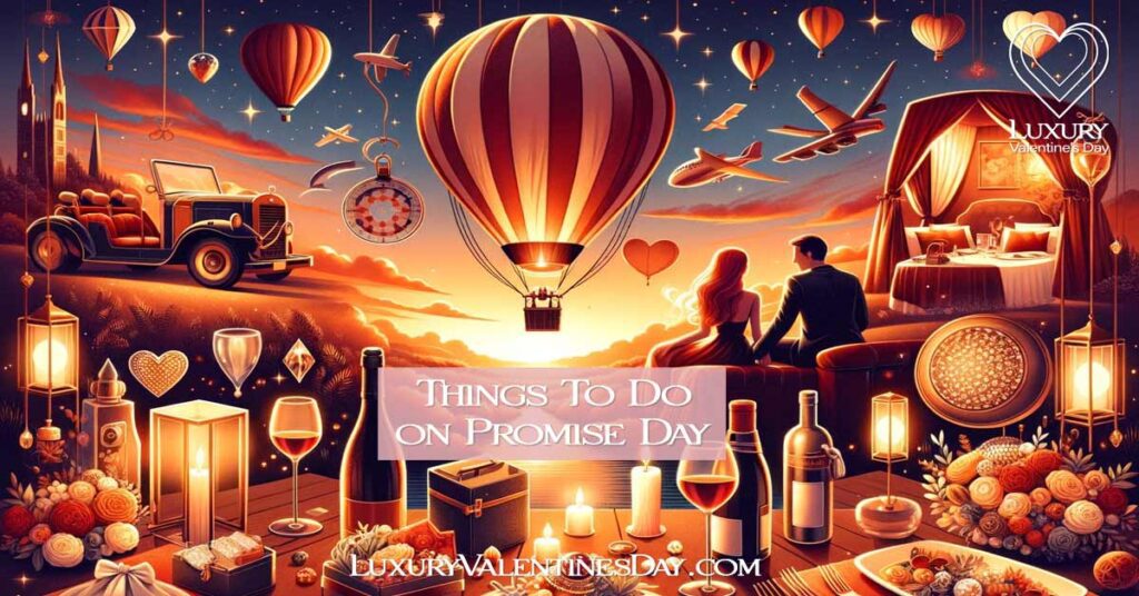 A collage of Promise Day activities, showcasing custom jewelry, a sunset hot air balloon ride, and a romantic dinner under the stars, encapsulating luxury and romance. | Luxury Valentine's Day