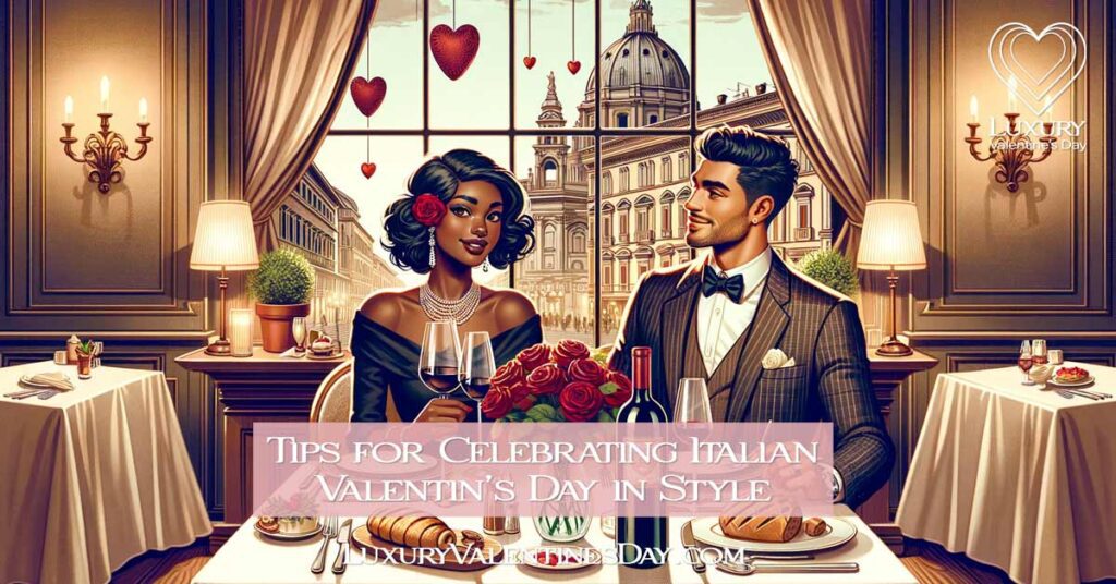 Romantic dinner setting in an Italian restaurant with an elegantly dressed couple and sophisticated decor. | Luxury Valentine's Day