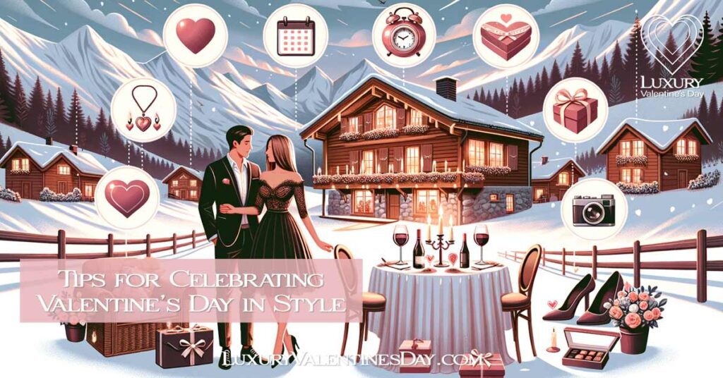 Elegantly dressed couple in a romantic European setting with celebration icons. | Luxury Valentine's