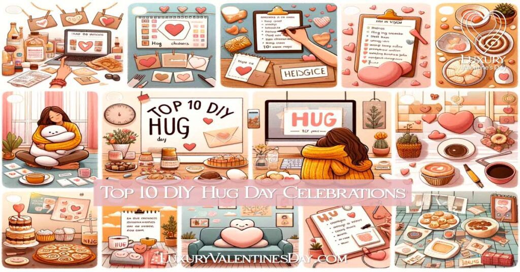 Collage of DIY Hug Day celebration ideas, featuring music, baking, decorations, and virtual connections. | Luxury Valentine's Day